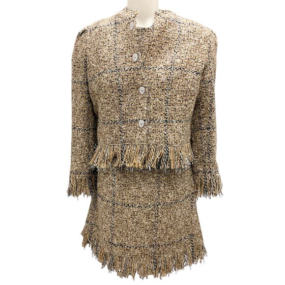 Sonia Rykiel Tan Multi Fringed Wool Tweed Jacket and Dress Suit Set - Picture 1 of 8